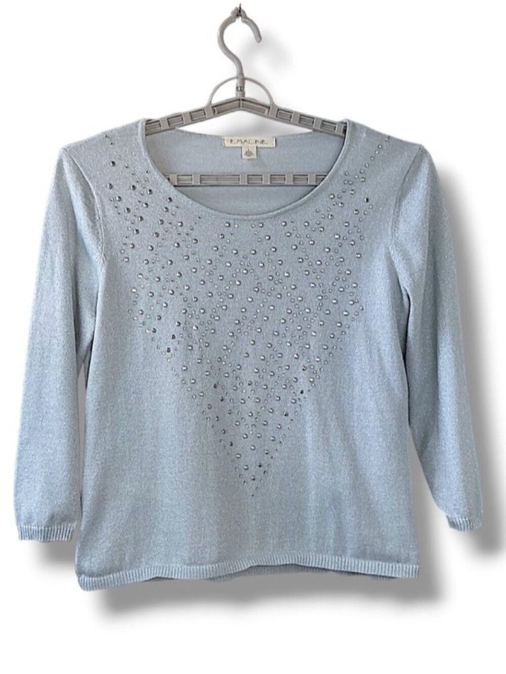 Emaline Metallic Embellished Sweater 3/4 Sleeve Slip On Scoop Neck Gray Lg - Picture 1 of 14
